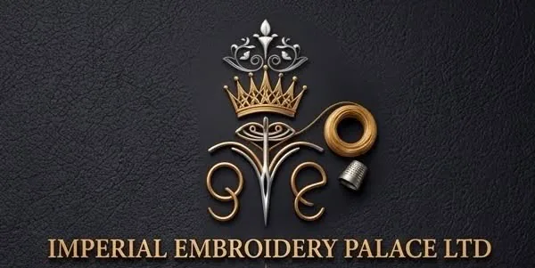 Imperial Embroidery Palace Ltd logo in gold and silver on black leather: a crown above a needle, thread and a thimble