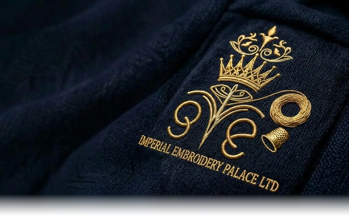 Imperial Embroidery Palace logo embroidered in gold thread on navy cloth: a crown above a needle, a coil of thread and a thimble