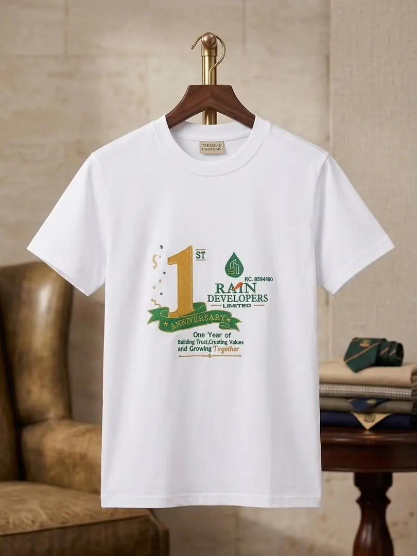 White T-shirt with an embroidered 1st anniversary logo for Rain Developers Limited