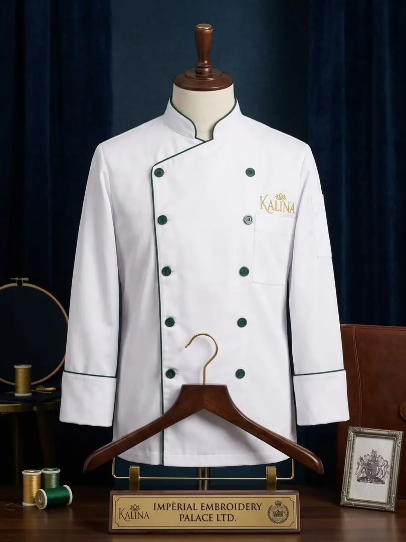White chef jacket with green piping and a gold Kalina logo embroidered on the chest pocket