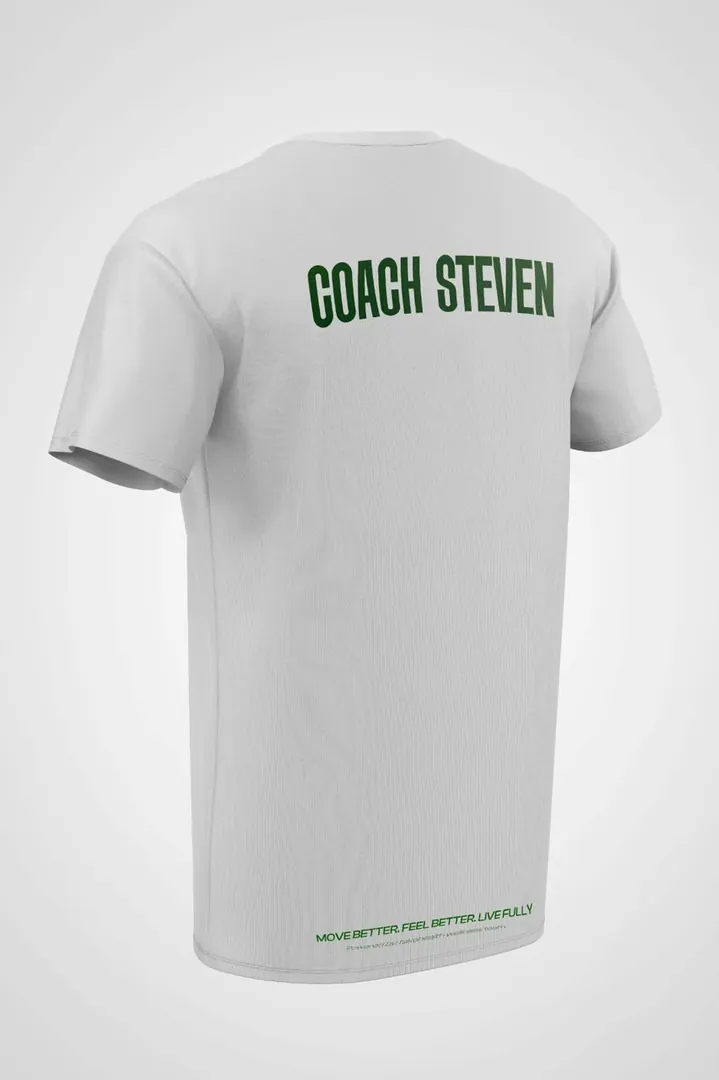 White T-shirt design preview seen from the back, with COACH STEVEN printed in dark green across the shoulders and a small slogan near the hem