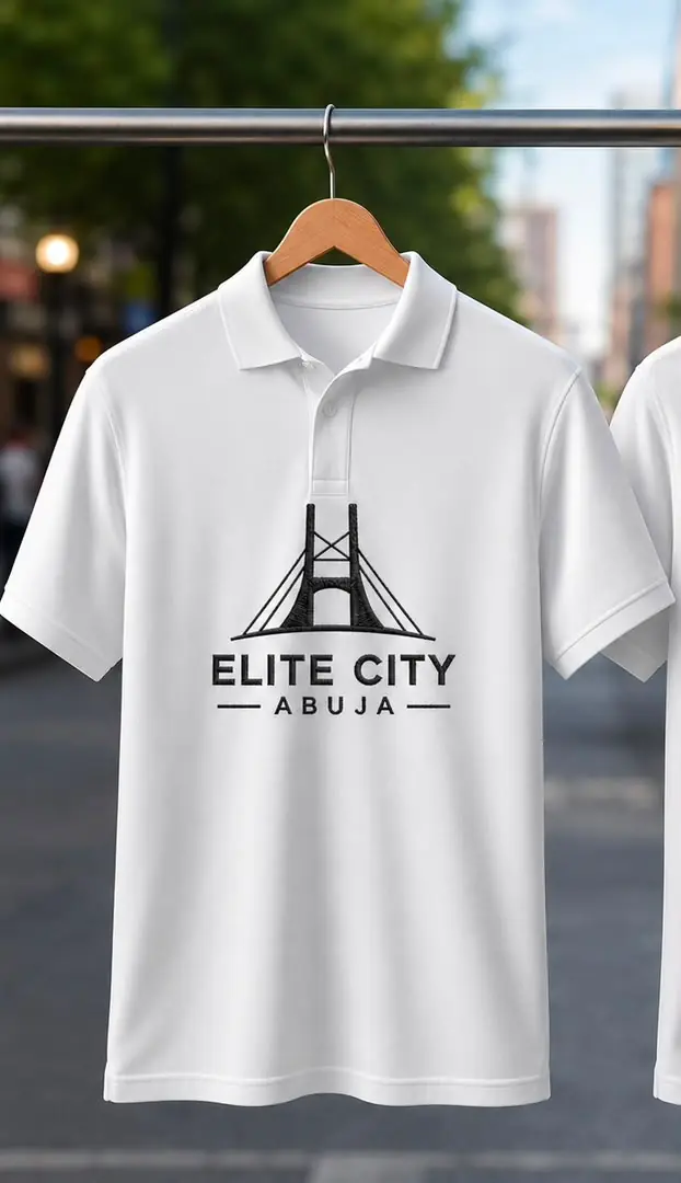 White polo with a black embroidered Elite City Abuja logo