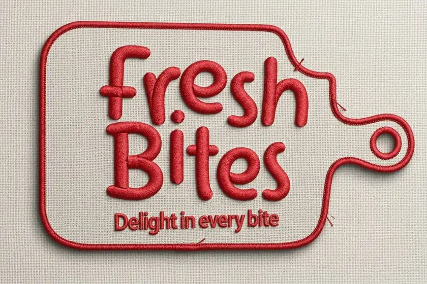 Red embroidered Fresh Bites logo with the line Delight in every bite