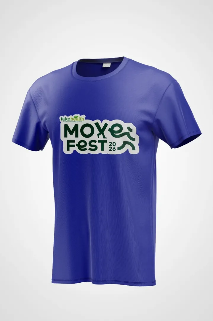 Blue T-shirt design preview with a white-outlined Take Health Move Fest 2026 logo on the chest