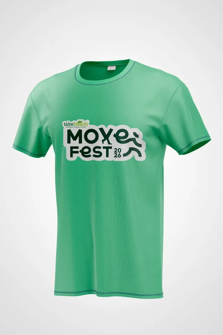 Green T-shirt design preview with a white-outlined Take Health Move Fest 2026 logo on the chest