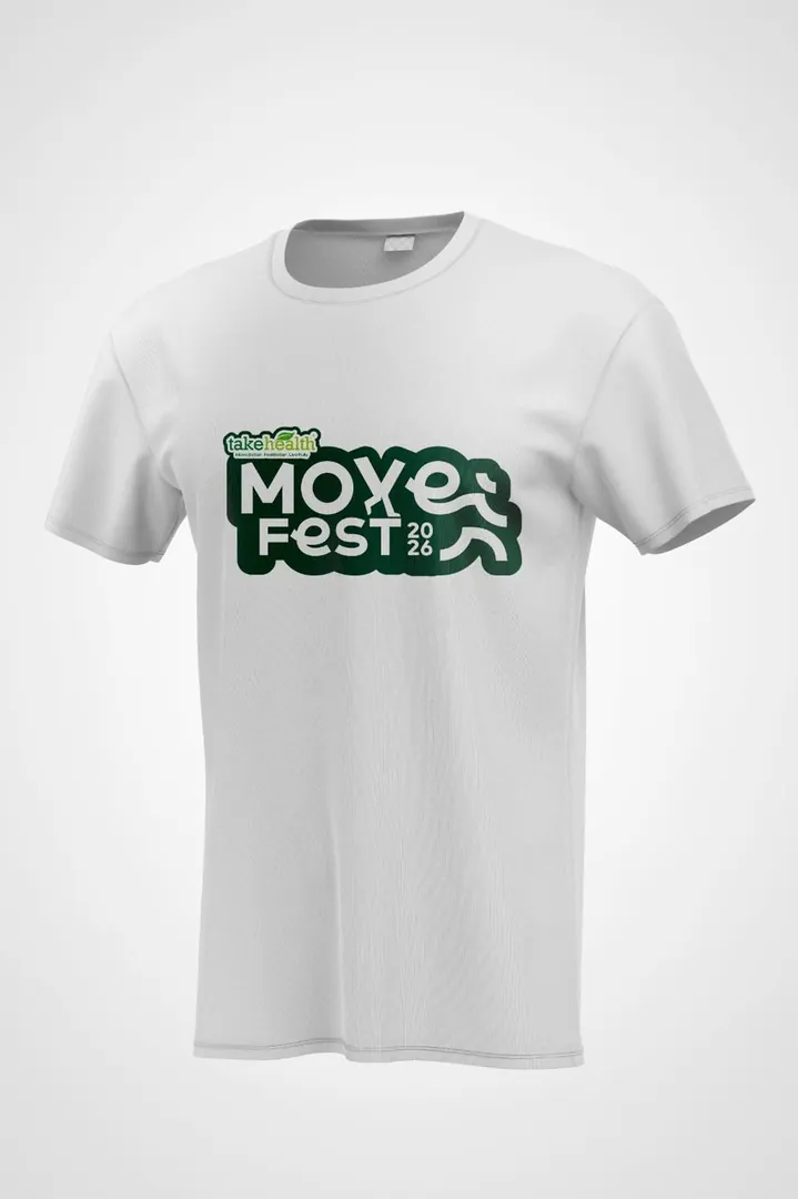 White T-shirt design preview with a dark green Take Health Move Fest 2026 logo on the chest