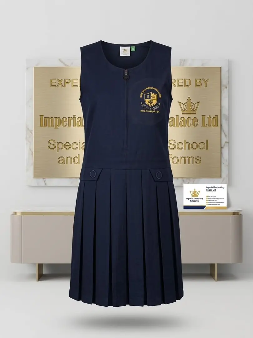Navy school pinafore with a gold crest embroidered on the chest