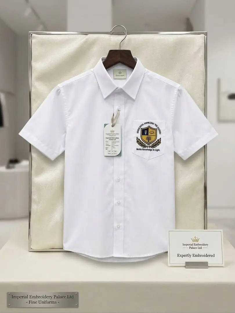 White school shirt with a gold, navy and green crest embroidered on the chest pocket