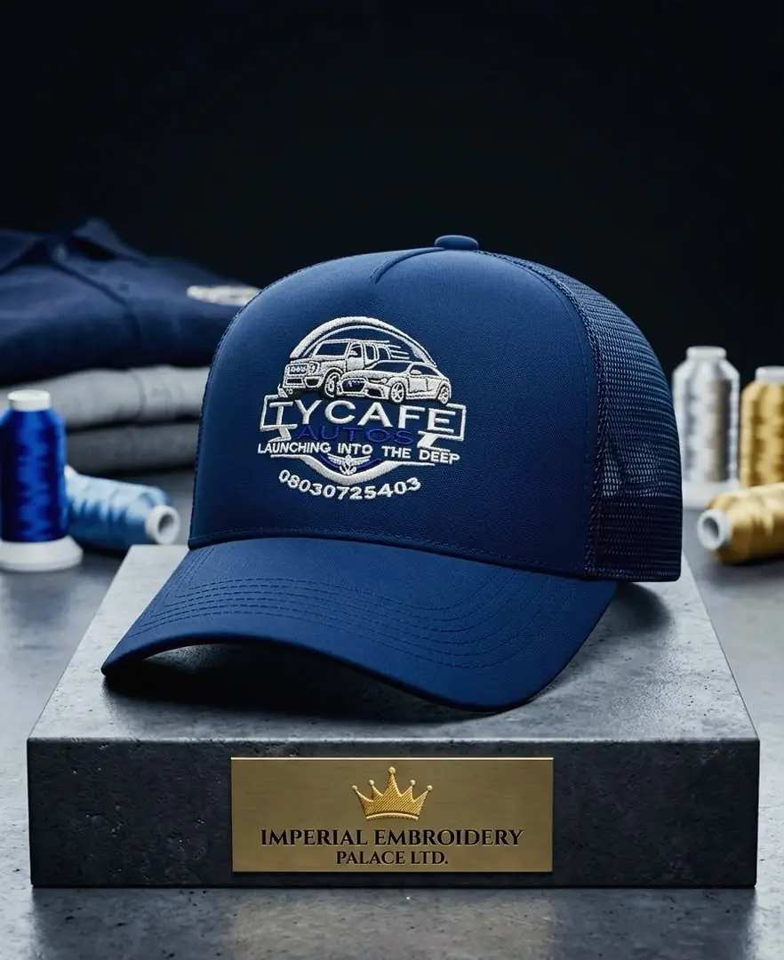 Navy trucker cap with a white embroidered Tycafe Autos logo
